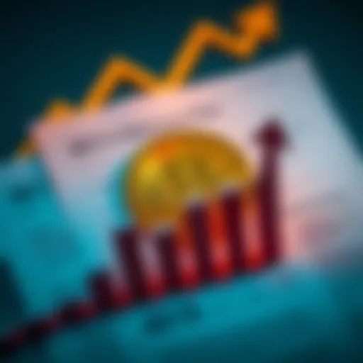 A visual representation of Bitcoin with upward arrows and a 401(k) retirement plan document, symbolizing potential price growth in the future.