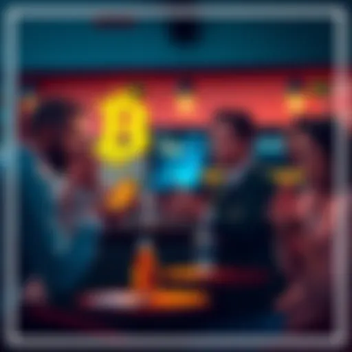 A group of people discussing Bitcoin in a cafe, showing diverse emotions like excitement and concern, highlighting social influence on investment decisions.