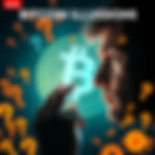 A person looking at a glowing Bitcoin symbol, surrounded by question marks, representing confusion about cryptocurrency value.