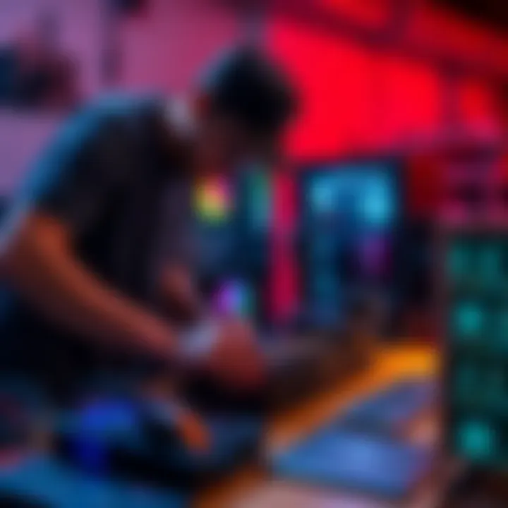 A person assembling a mining rig for Bitcoin with various hardware components on a table