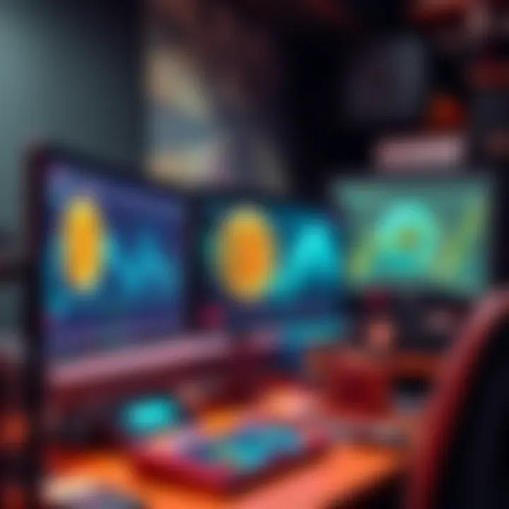 A computer setup with mining hardware and Bitcoin graphics on the screen