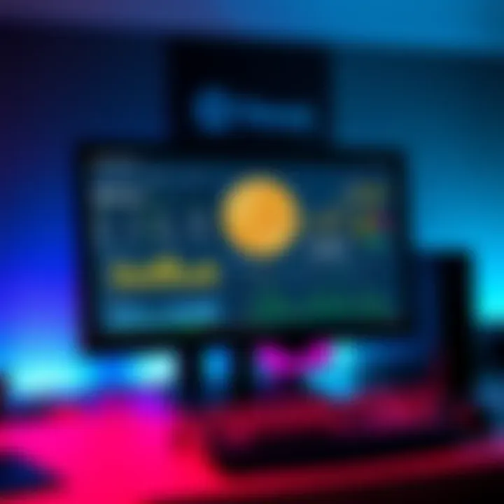 A gaming desktop computer displaying Bitcoin mining software interface with graphs and data analytics.