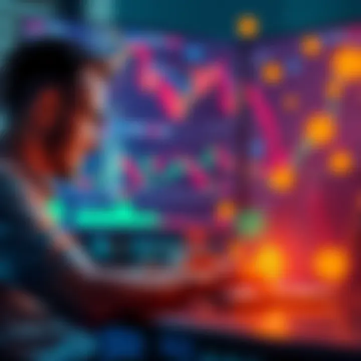 Bitcoin trading on a no-KYC exchange Person using a laptop to trade Bitcoin on a no-KYC platform, surrounded by graphs and digital currency symbols