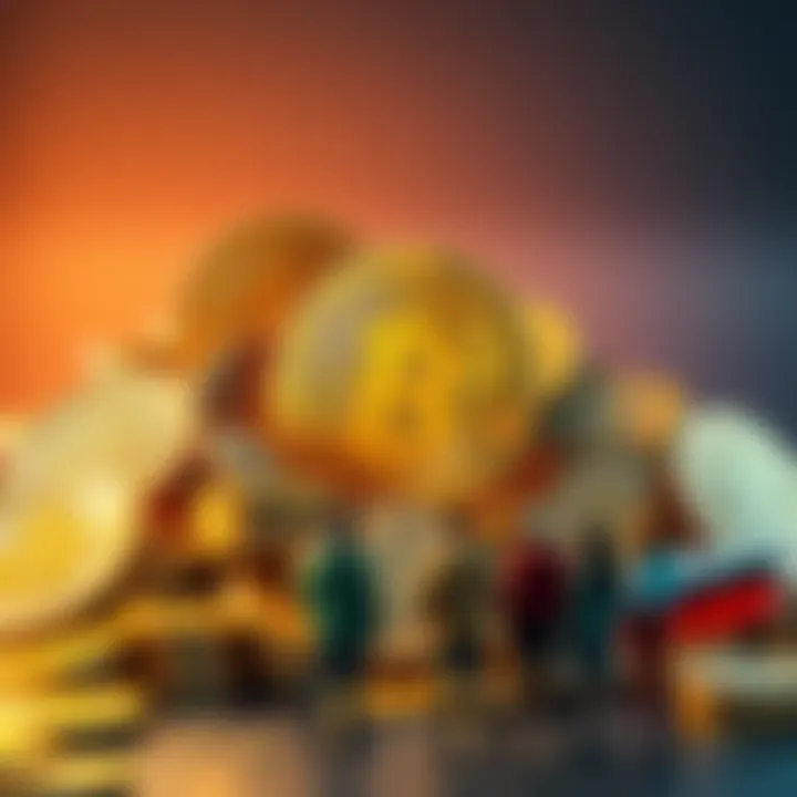 A visual representation showing a large pile of Bitcoin coins with a small group of people looking at it, highlighting the gap in ownership among the population.