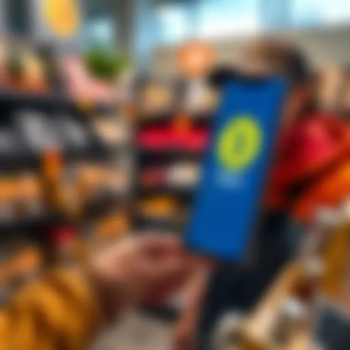 Bitcoin Payments at Retail A retail worker accepting Bitcoin payment using a mobile device with a Bitcoin logo on the screen.