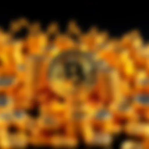 A price chart showing Bitcoin's fluctuations over time with a backdrop of gold coins, representing its comparison to digital gold.
