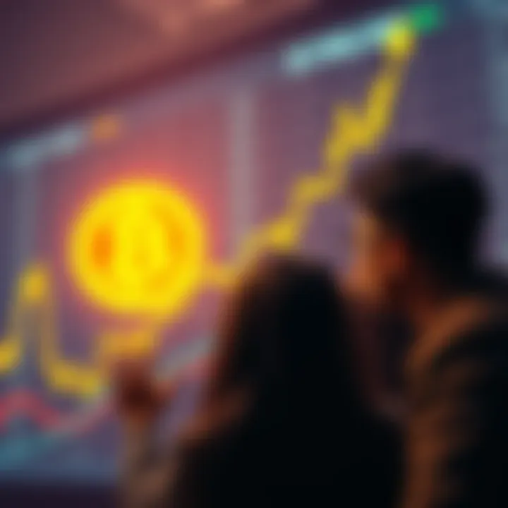 An upward graph showing Bitcoin prices with anxious everyday investors looking on.