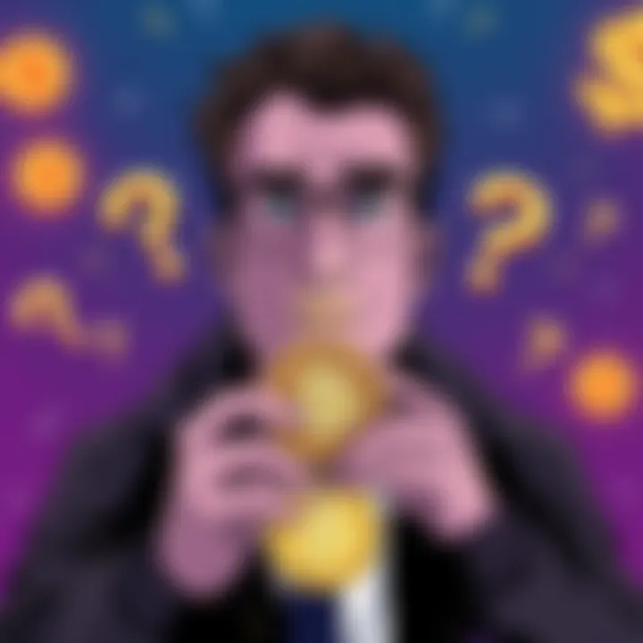 A graphic showing a person looking concerned while holding a Bitcoin coin, with dollar signs and question marks around them, representing confusion about cryptocurrency investments.