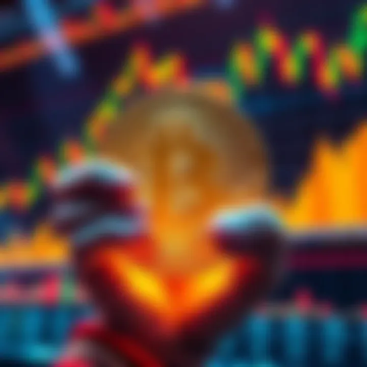 A person holding a large Bitcoin symbol, with a backdrop of financial charts showing a spike in Bitcoin value.