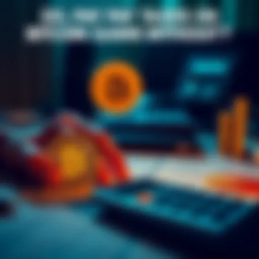 A person calculating taxes with Bitcoin symbols and a calculator on a desk