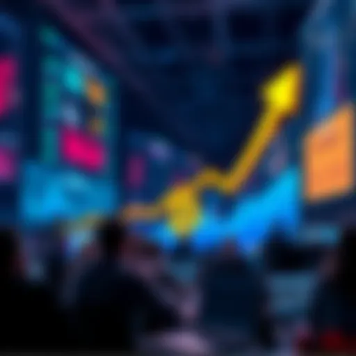 A graphic showing a rising Bitcoin value chart with an arrow pointing up, representing the $10 million prediction, surrounded by excited investors looking at their screens.