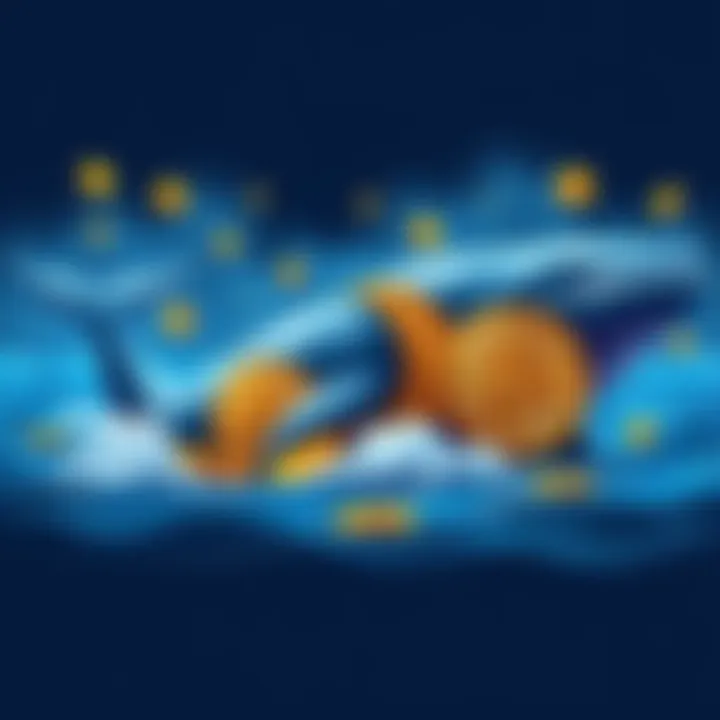 Illustration of Bitcoin symbols with large whale figures, representing big holders accumulating Bitcoin