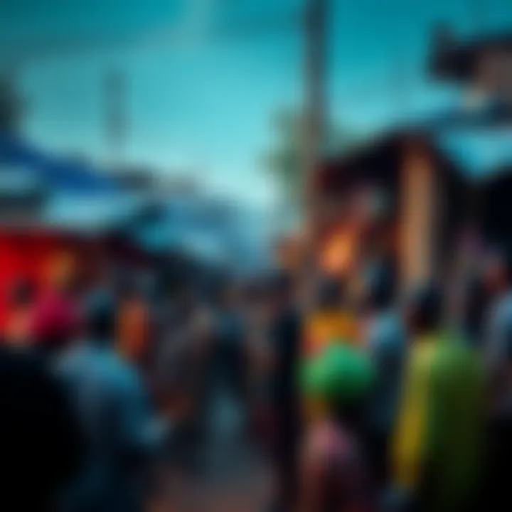 A crowded market scene in Africa's largest slum where people are exchanging Bitcoin and discussing its impact on their lives.