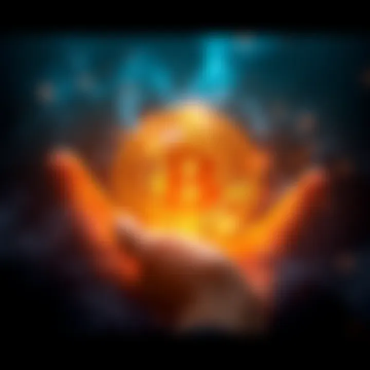 A glowing Bitcoin symbol surrounded by ethereal light, representing its eternal presence beyond life.