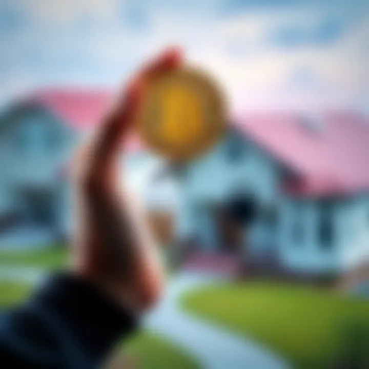 A person holding a Bitcoin in one hand and a home key in the other, set against a blurred image of houses, symbolizing investment strategies