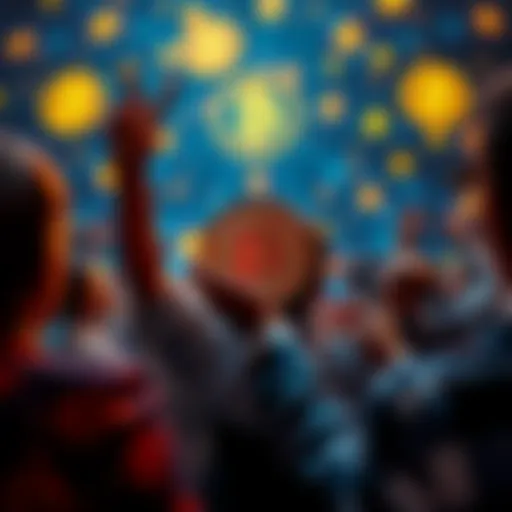 People celebrating the impact of Bitcoin on finance with a background of digital currency symbols