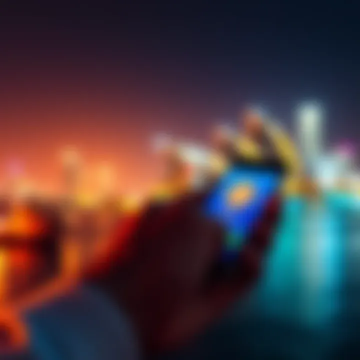 Bitcoin in Australia A person using a mobile app to buy Bitcoin with the Australian skyline in the background, showcasing trust and technology in finance.