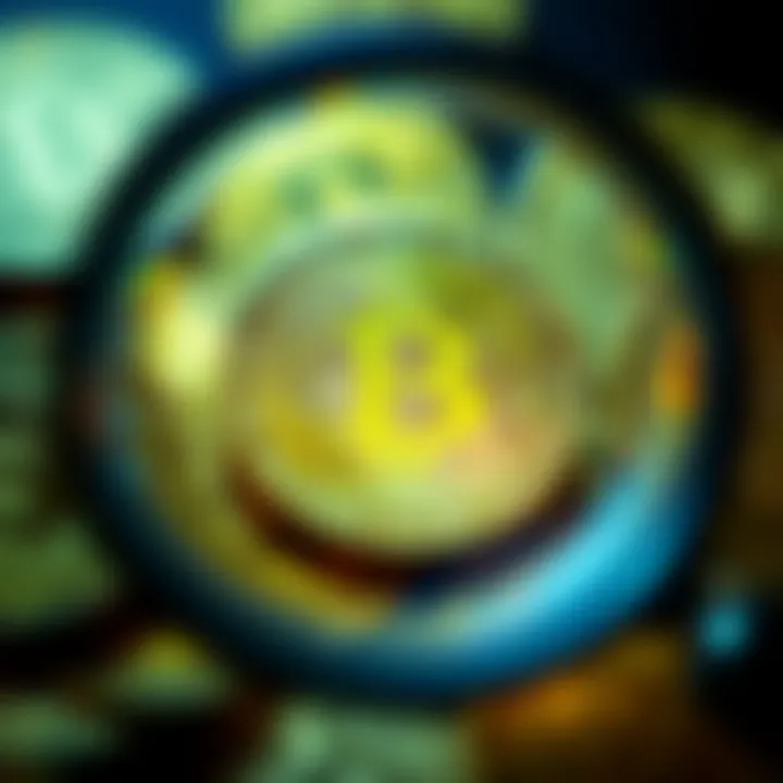 A close-up of Bitcoin coins under a magnifying glass, showing details to help identify authenticity.