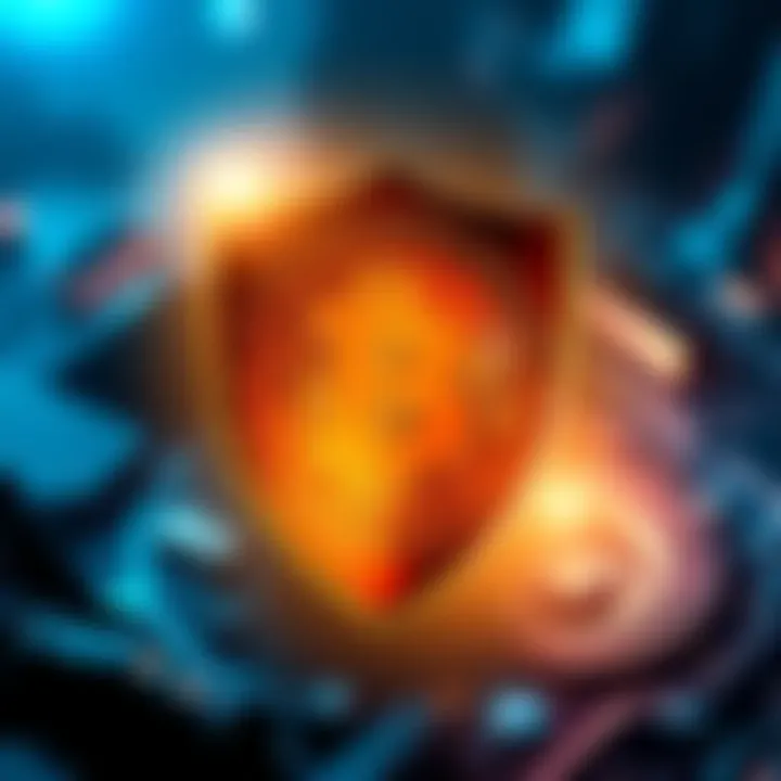 A digital representation of Bitcoin's logo with a strong shield overlay, symbolizing resilience during the AWS failure