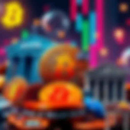 A visual representation of banks integrating Bitcoin into their operations, showcasing Bitcoin symbols alongside traditional bank icons, illustrating the blend of old and new finance.