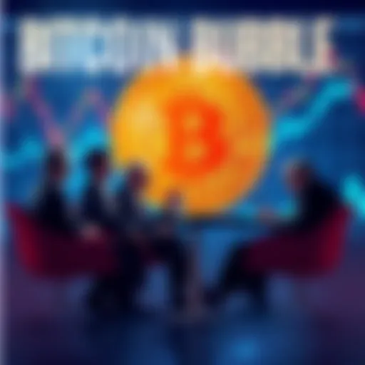 Group of economists and investors debating Bitcoin's status as a bubble, with charts and graphs in the background