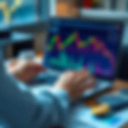 A person analyzing Bitcoin Cash price trends on a laptop with cryptocurrency charts on the screen. Coins and a calculator are nearby, representing investment analysis.