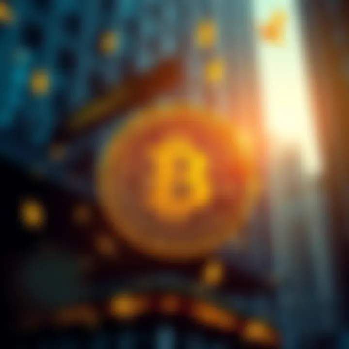 A Bitcoin Cash logo representing affordable digital cash, set against a contrasting background of Wall Street symbols, highlighting the difference between BTC and BCH.