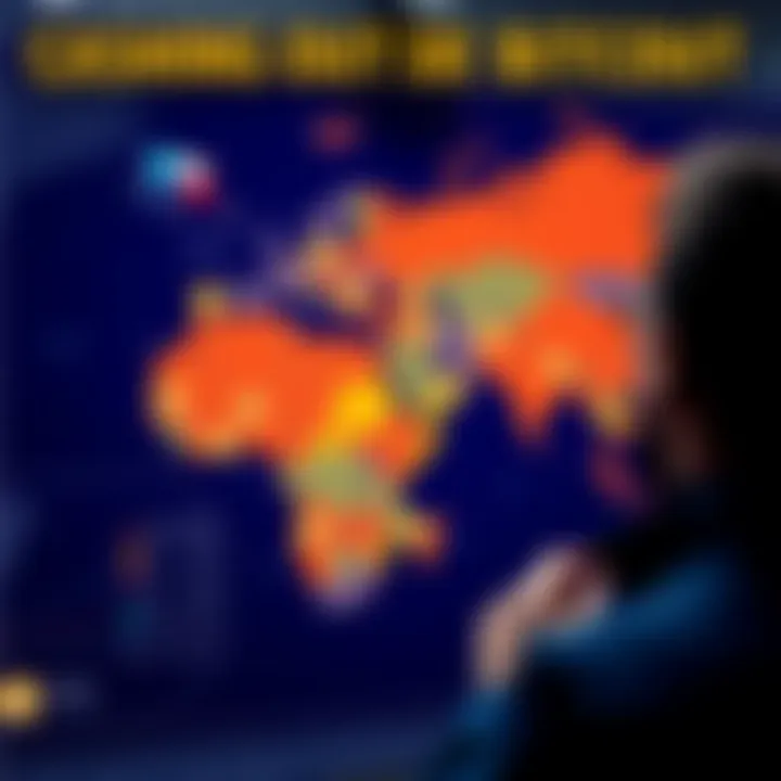 A map showing countries with low tax rates for cashing out Bitcoin, with a person looking at the map thoughtfully.