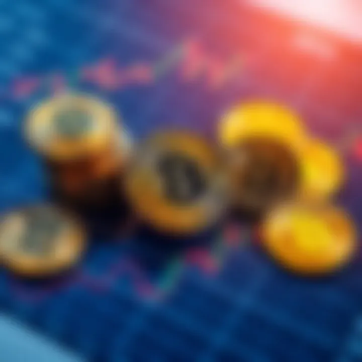 A collection of Bitcoin coins placed on a financial chart showing fluctuations over time