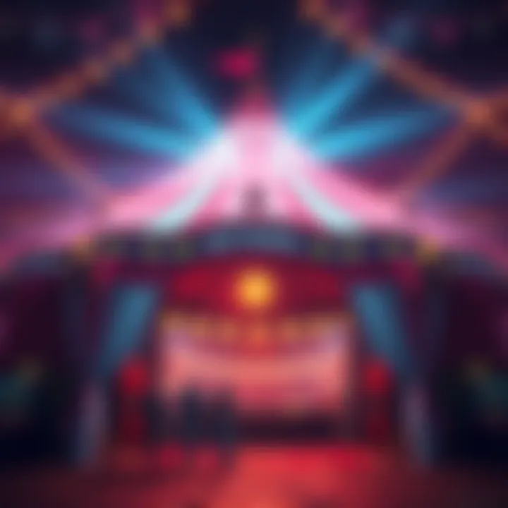 A vibrant circus tent with Bitcoin symbols, attracting people with colorful lights and enticing signs about wealth.