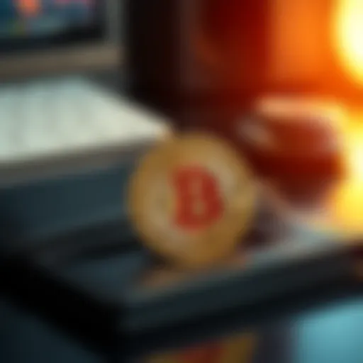 Close-up of a Bitcoin coin placed next to a digital wallet on a desk, symbolizing investment and wealth preservation.