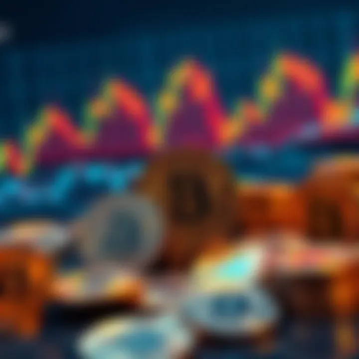 A collection of Bitcoin coins with a background showing a rising market chart, symbolizing the discussion about its value and belief among people.