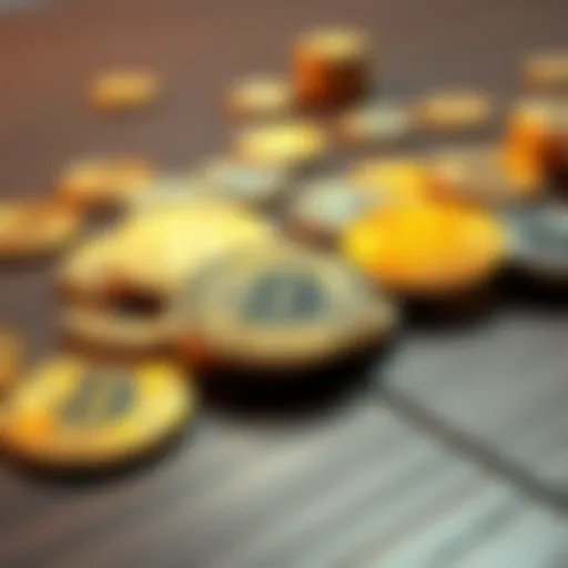 A collection of shiny Bitcoin coins spread on a wooden table, showing the demand for cryptocurrency.