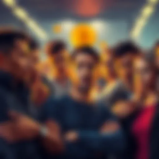 A group of people discussing Bitcoin culture with mixed expressions, showing annoyance and frustration.