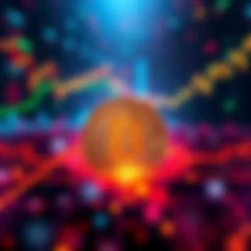 A visual representation of Bitcoin as a digital coin amidst fluctuating graphs and numbers, symbolizing its volatility and lack of real-world value.