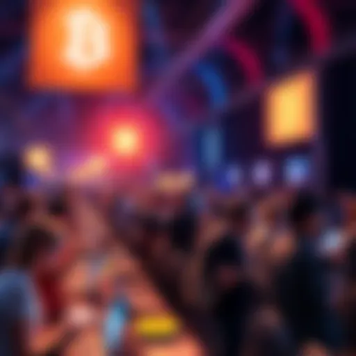 A vibrant scene from the Bitcoin Conference showcasing attendees engaging with technology and discussions.
