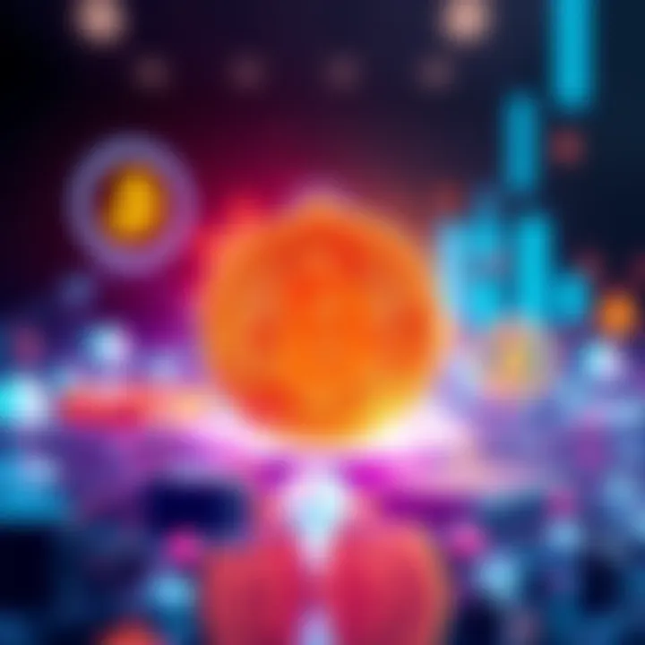 A visual representation of Bitcoin with symbols of decentralized applications and a network, highlighting transaction speed and technology progress.