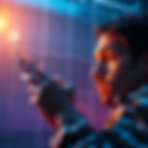 A graph showing the decline of Bitcoin's value with a worried person looking at a smartphone displaying crypto news.