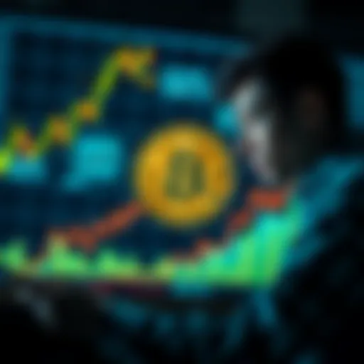 A person analyzing Bitcoin trends with a graph showing deflation effects on spending and investment in the background.