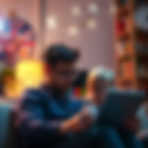 A parent researching Bitcoin ETFs while a child plays in the background, highlighting the desire to invest for the child's future.