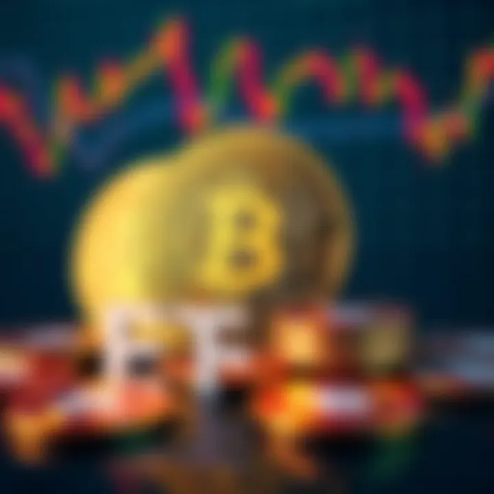 A graphic showing Bitcoin coins alongside financial charts and investment symbols, representing UK investors accessing Bitcoin through ETFs.