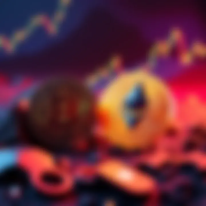 Illustration showing Bitcoin logo declining and Ethereum logo rising in the cryptocurrency market