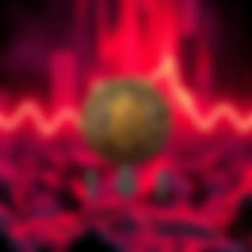A visual representation of Bitcoin's declining value, showing a Bitcoin symbol with downward arrows and a dramatic background of red colors, symbolizing financial crisis.