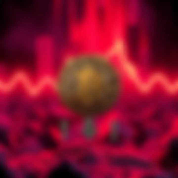 A visual representation of Bitcoin's declining value, showing a Bitcoin symbol with downward arrows and a dramatic background of red colors, symbolizing financial crisis.