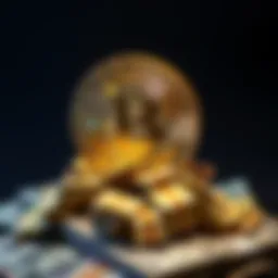 A golden Bitcoin symbol stands boldly on a pile of traditional currency, highlighting its leading position in the financial world.