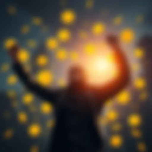 A person celebrating financial independence with Bitcoin symbols around them