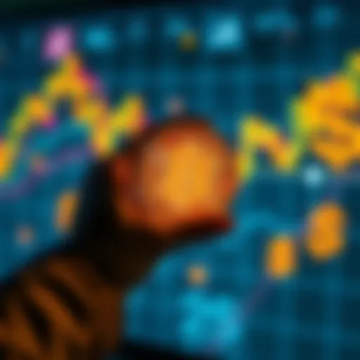 A person holding a Bitcoin symbol with a background of financial charts and dollar signs, symbolizing freedom from financial constraints.
