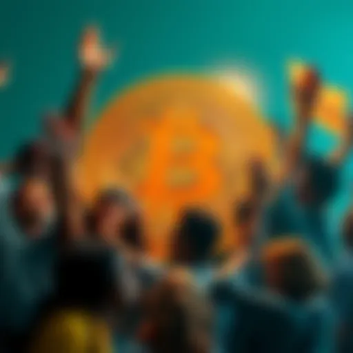 A Bitcoin symbol surrounded by diverse people celebrating financial independence