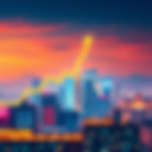 Illustration showing a rising Bitcoin chart over a city skyline, symbolizing future predictions in finance.