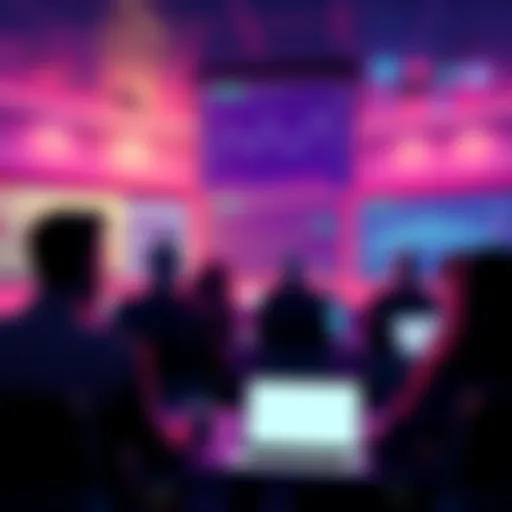 A group of people discussing bitcoin investments and trends on a forum, showing charts and graphs on screens.